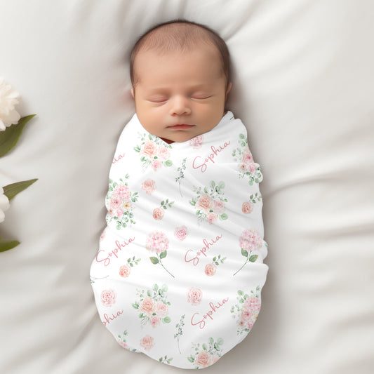 Personalised Blush Pink Floral Baby Swaddle Gift Set