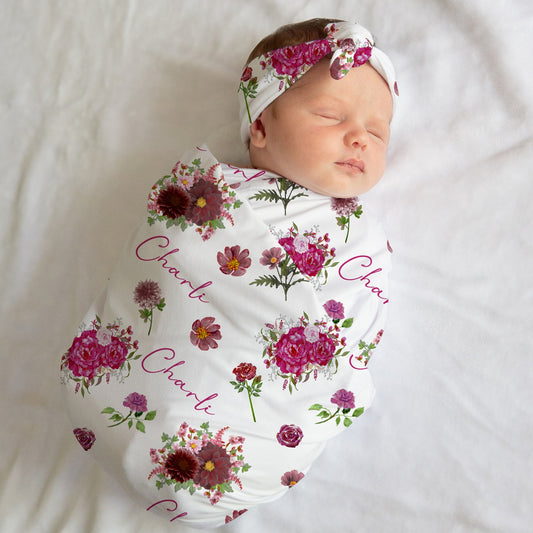 Personalised Floral Baby Swaddle Set